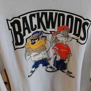 Men's Gildan Backwoods Cartoon Long Sleeve White T-shirt Size Medium